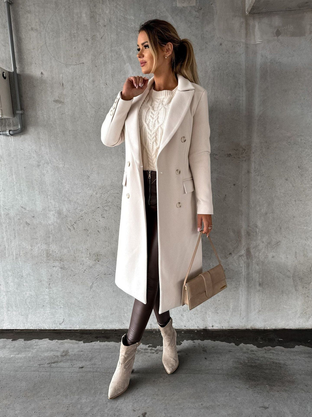Beige women's classic double-breasted winter jacket, an elegant & warm outerwear choice for chic fashion.