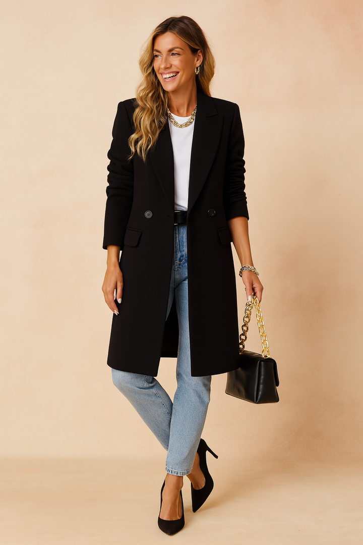 Elegant beige double-breasted coat for women, perfect for work or casual wear.
