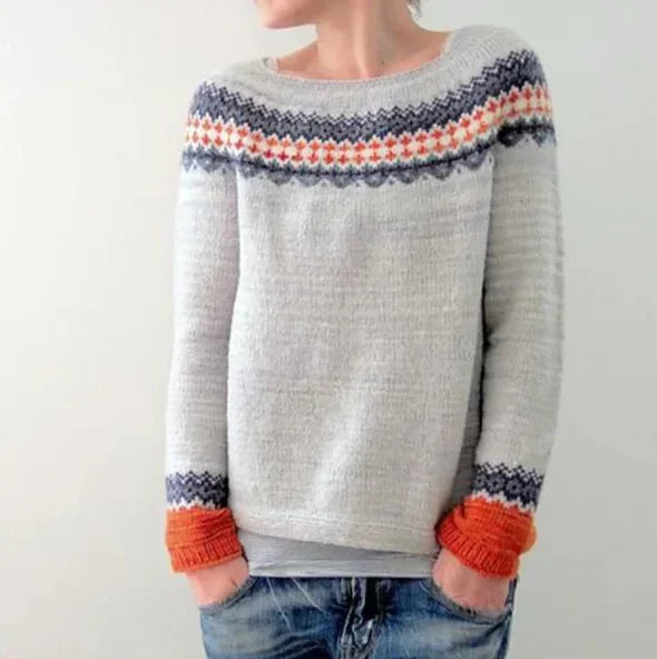 Women's classic Fair Isle crew neck sweater, cozy patterned knit for stylish winter fashion.