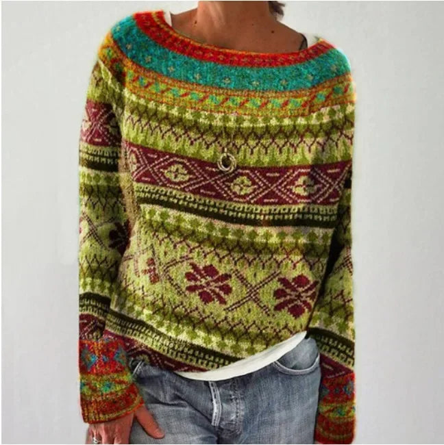 Relaxed fit women's Fair Isle pullover, long sleeve patterned knit for cozy fall style.