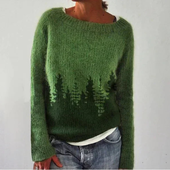 Stylish women's crew neck Fair Isle sweater, a warm patterned pullover for casual winter wear.