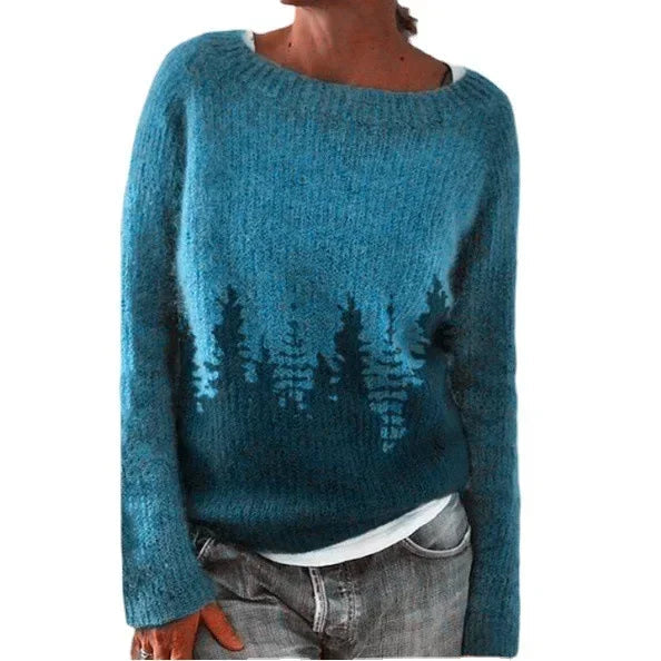 Model wearing a cozy women's Fair Isle crew neck sweater, perfect for winter fashion.