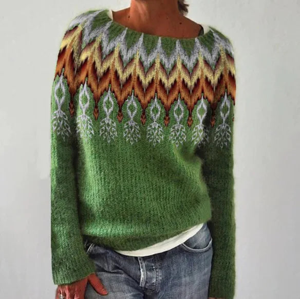Close-up of a women's Fair Isle crew neck pullover, showcasing its classic patterned knit design.