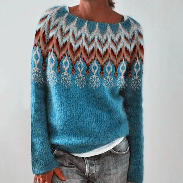 Soft women's Fair Isle long sleeve crew neck sweater, ideal for relaxed fit fall and winter style.