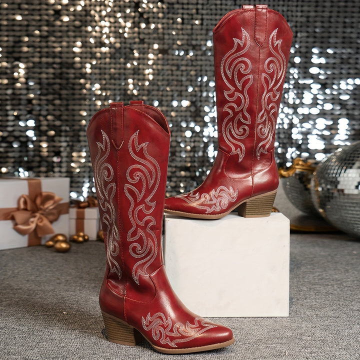 Smooth finish women's knee-high cowboy boots, with block heel & western embroidery.