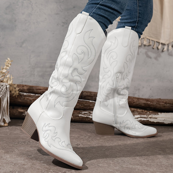 Back view of women's knee-high cowboy boots, showing the classic shaft and sturdy block heel.
