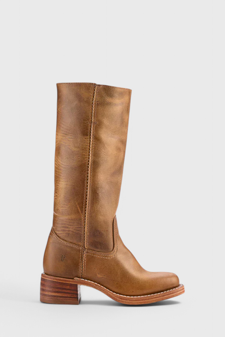 Detail shot: Women's knee-high heeled boots, highlighting the elegant heel and sleek silhouette.