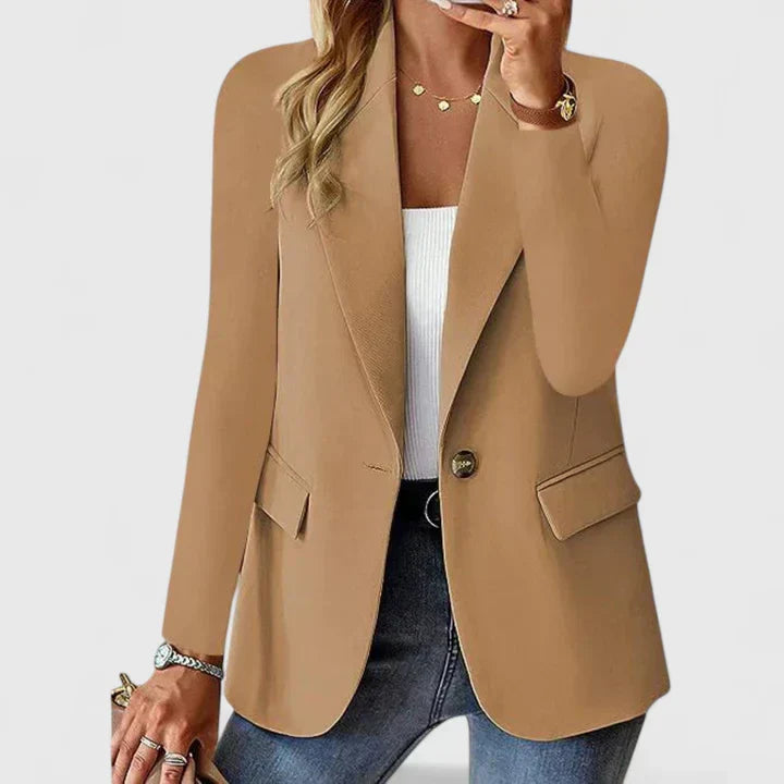 Stylish women's single button blazer with classic lapel. Ideal for business & formal wear.