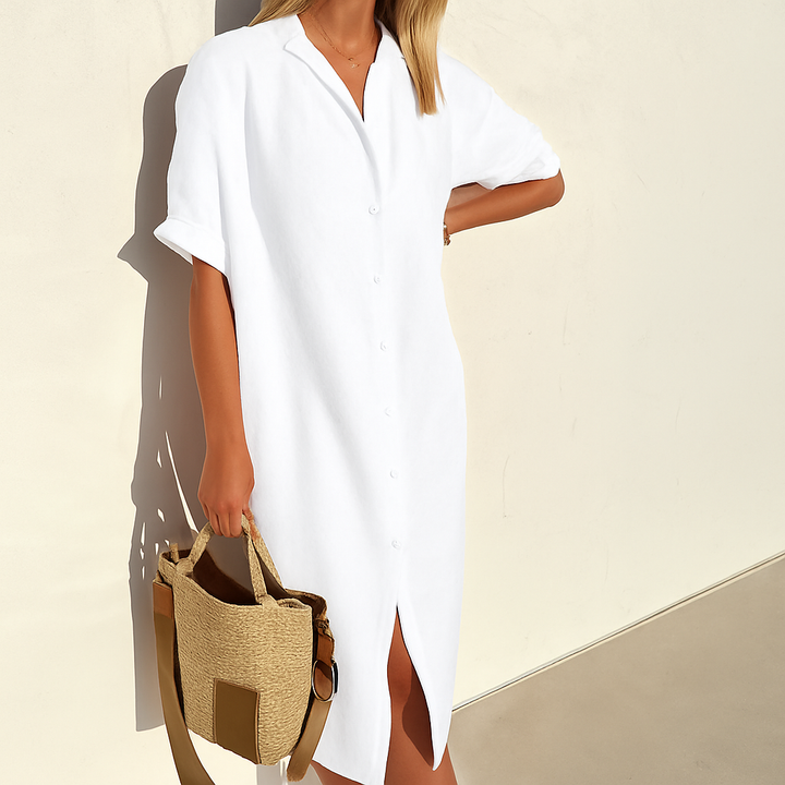Women's classic linen shirt dress in a midi length, perfect for summer.