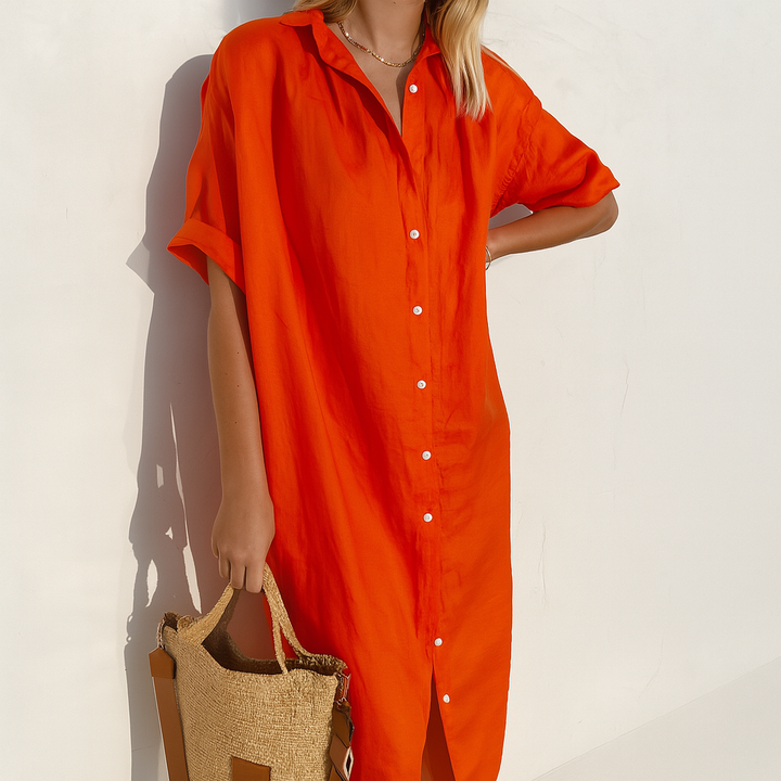 Comfortable and chic women's short-sleeved linen shirt dress, perfect for warm weather.