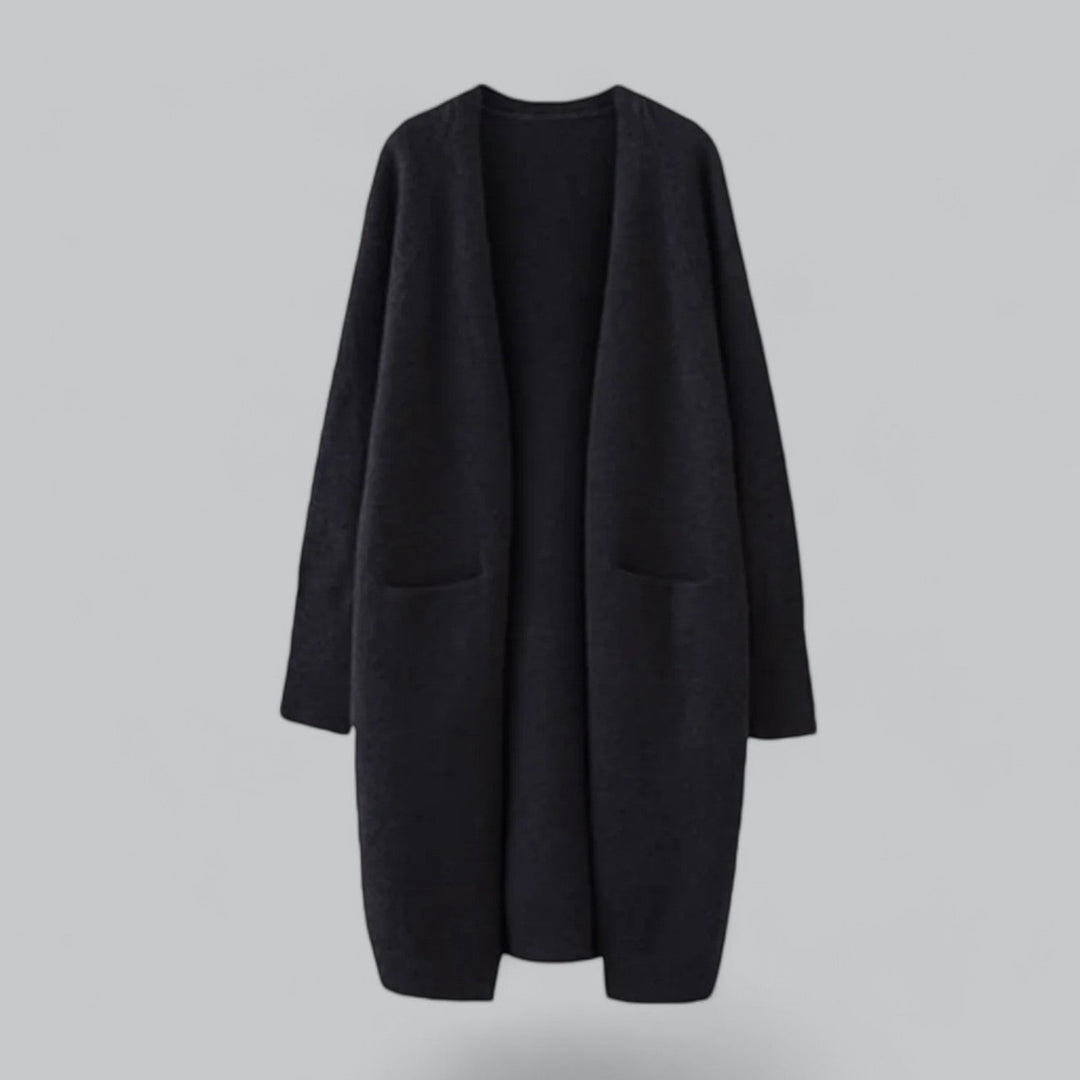 Women's long cardigan, ideal for elegant office wear or stylish casual outfits. A classic knit outerwear piece.