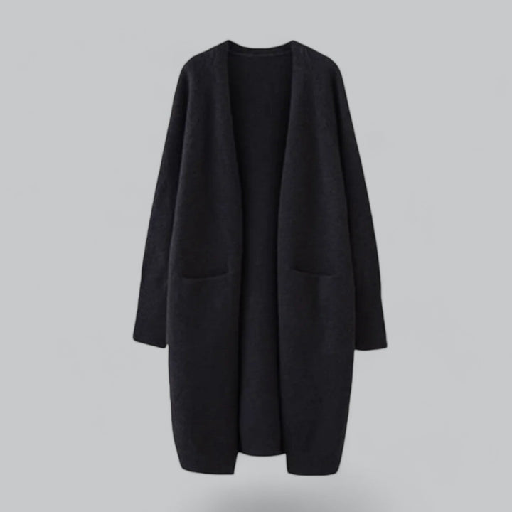 Women's long cardigan, ideal for elegant office wear or stylish casual outfits. A classic knit outerwear piece.