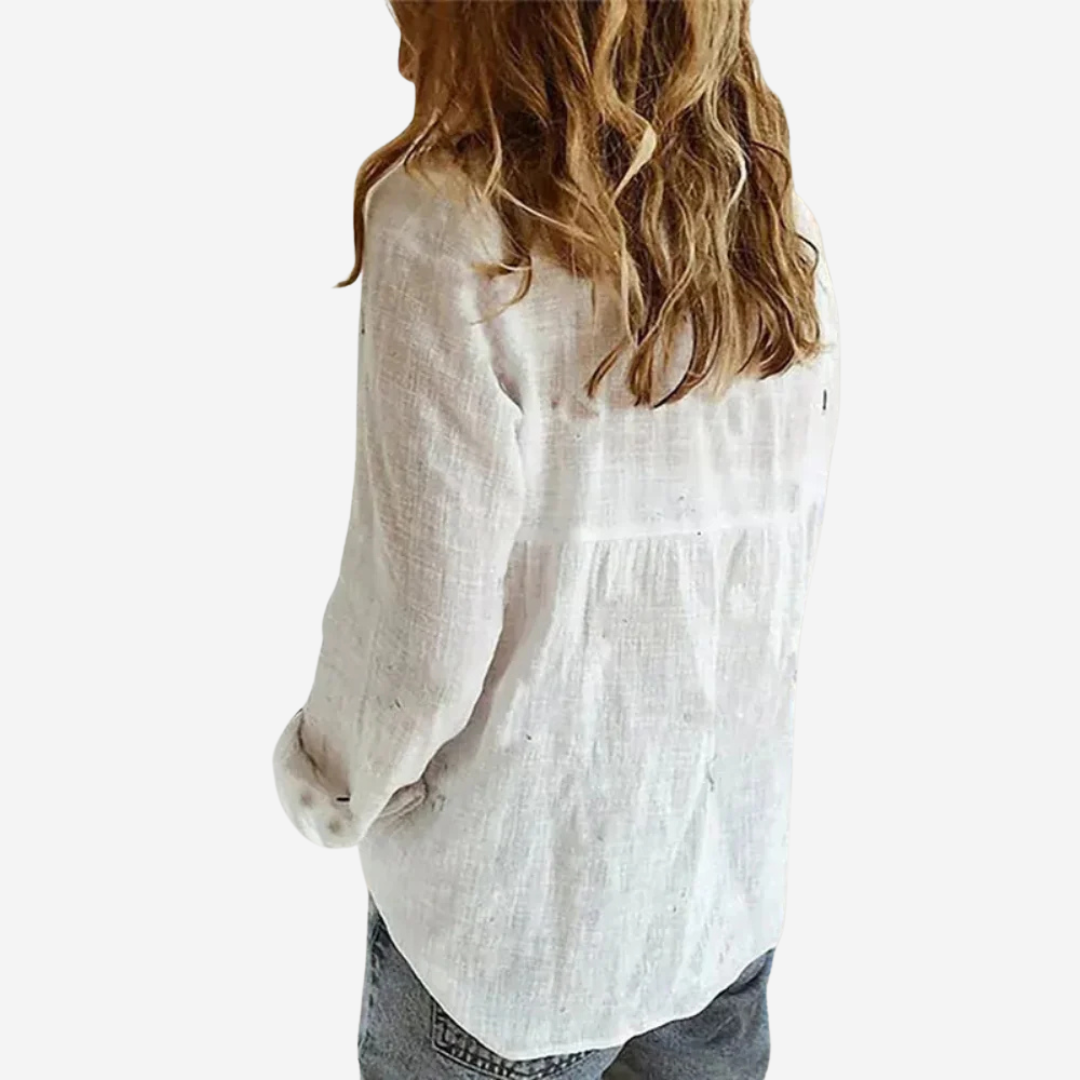 Relaxed fit button-down shirt for women, crafted from a breathable linen blend.