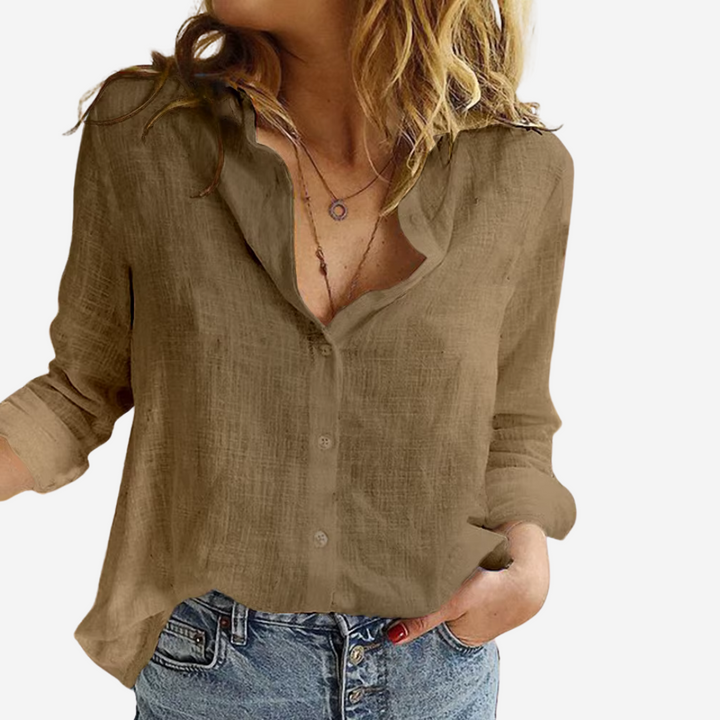 Versatile spring fashion top: women's long sleeve linen blend blouse.