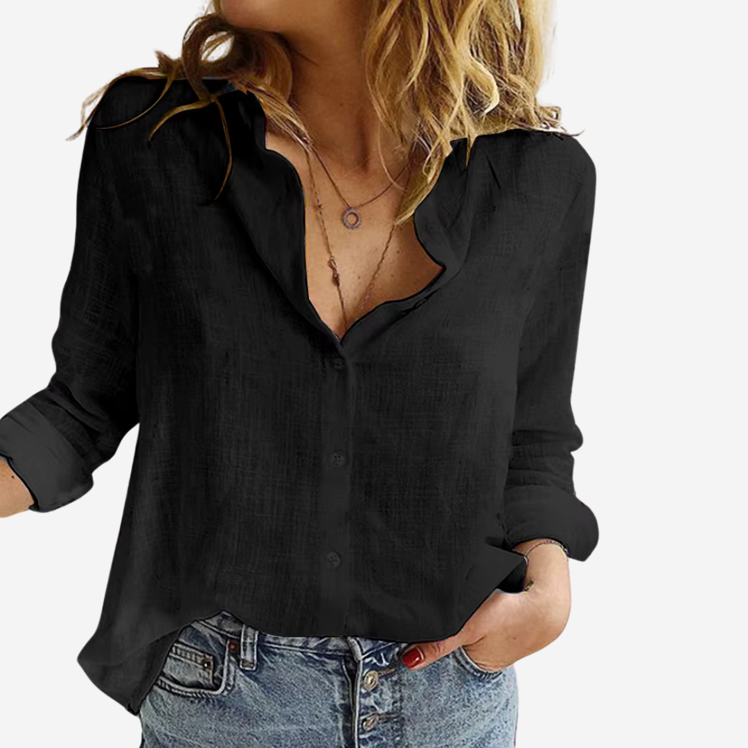 Stylish women's button-down blouse in a comfortable linen blend fabric.