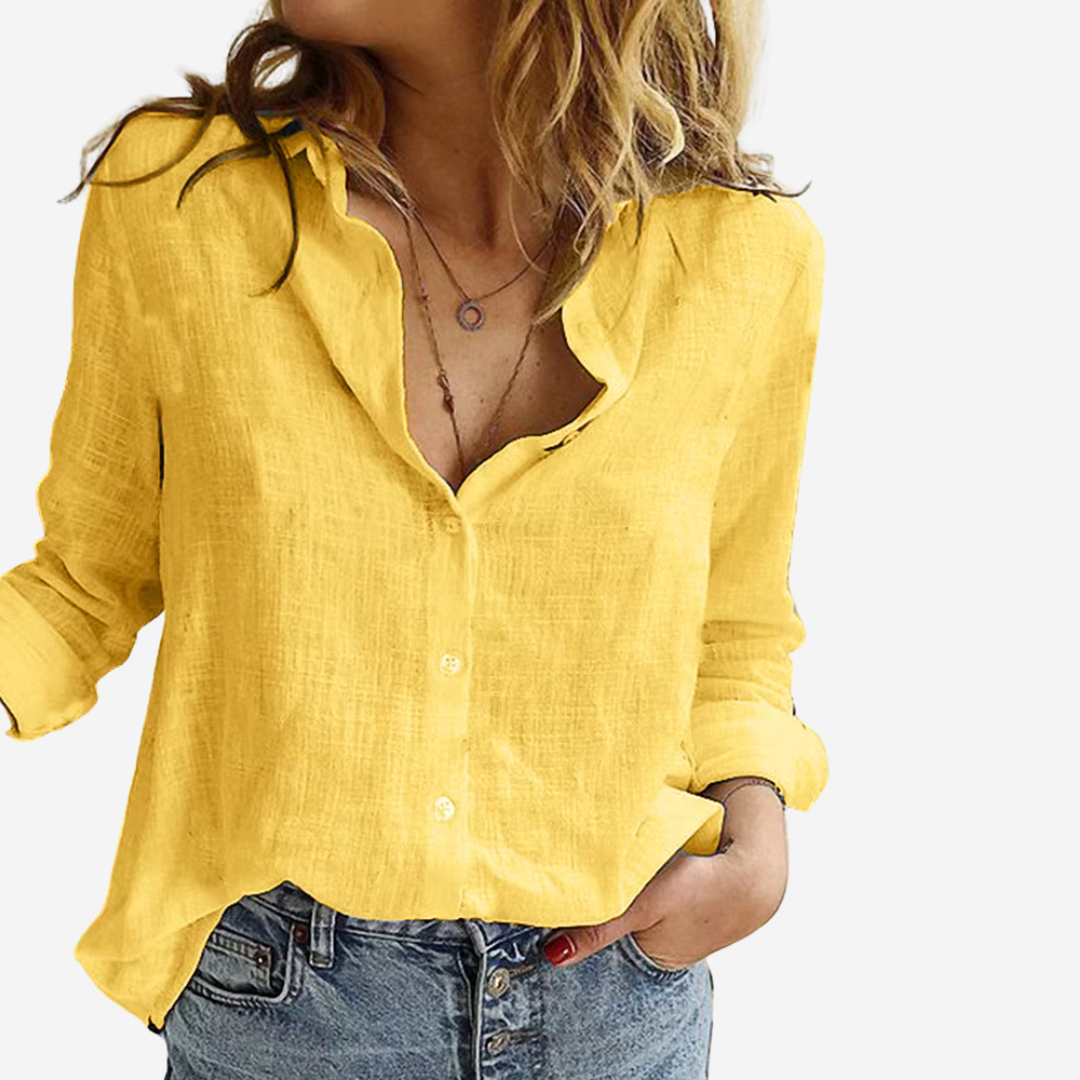 Essential summer style: a women's relaxed fit long sleeve linen blend shirt.