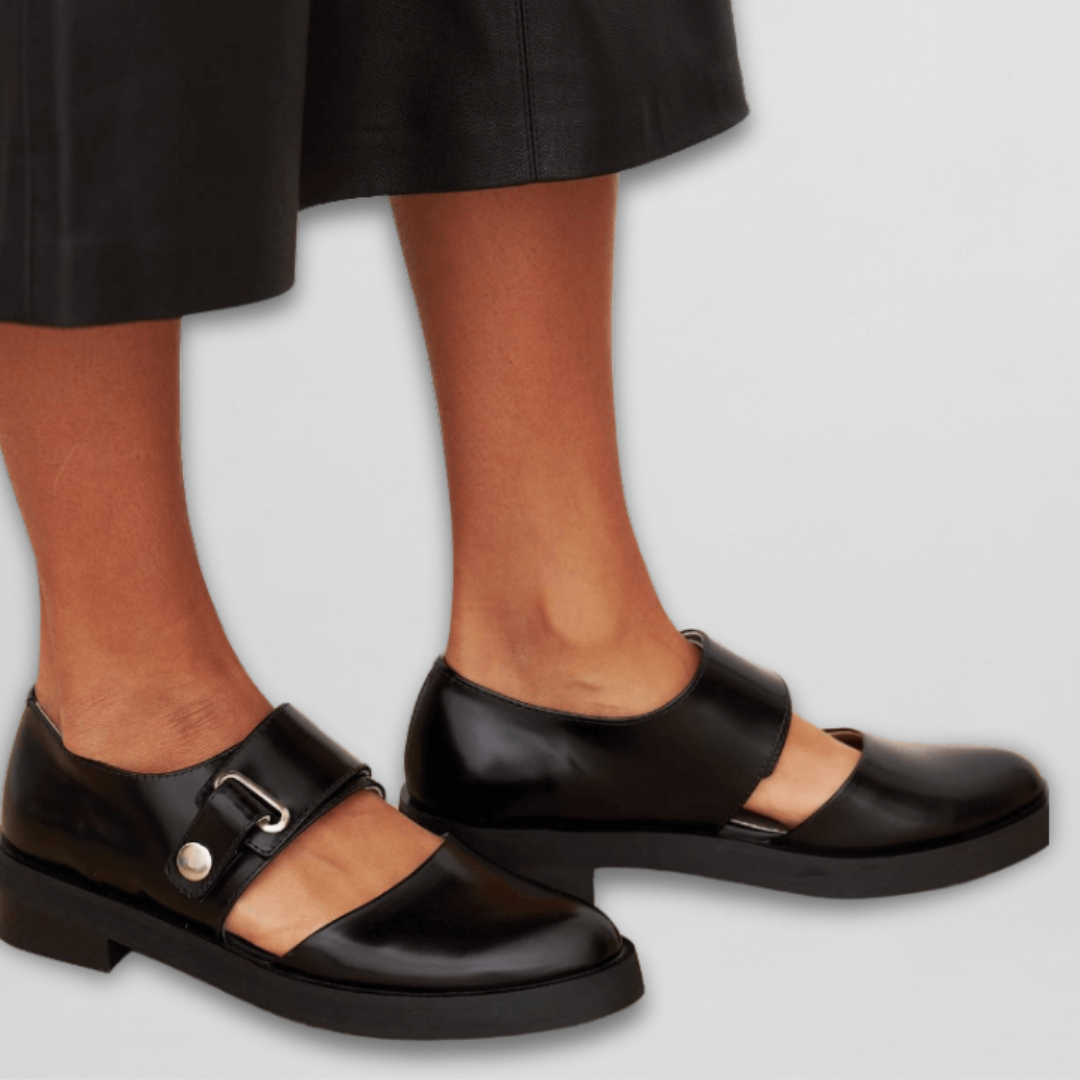 Women's classic low heel shoes with elegant buckle strap for smart casual wear.
