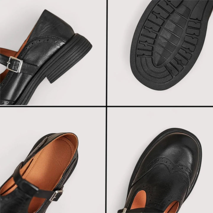 Stylish brown women's Mary Jane flats, featuring timeless brogue detail and a secure strap.