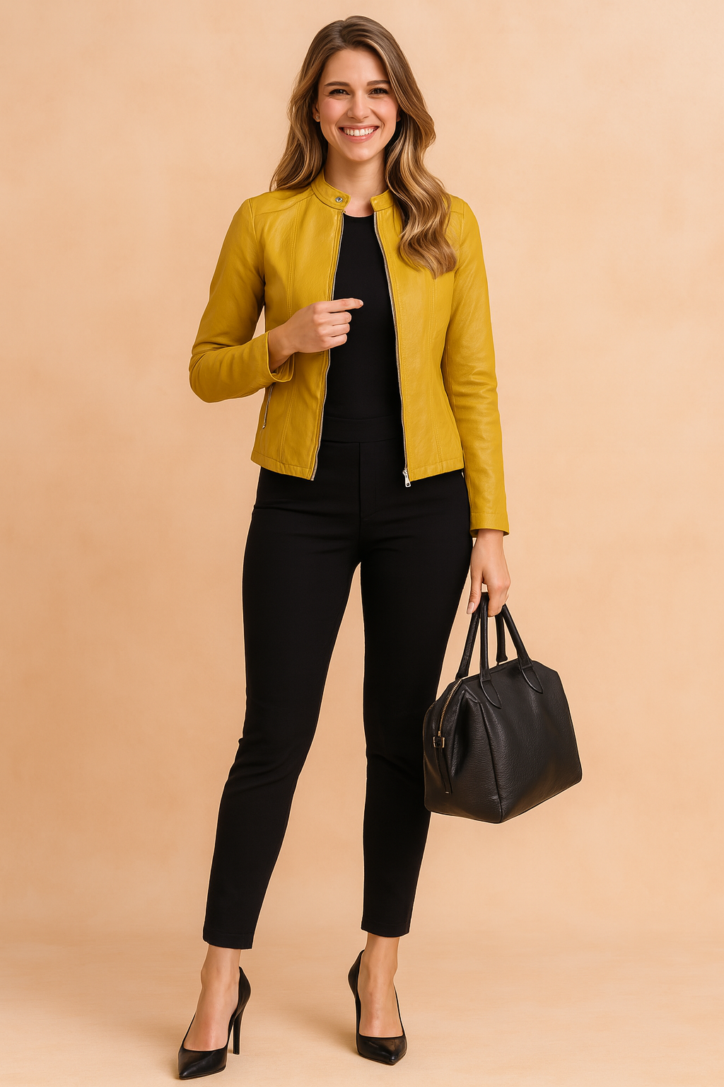 Model wearing a versatile cream-colored minimalist jacket for women.