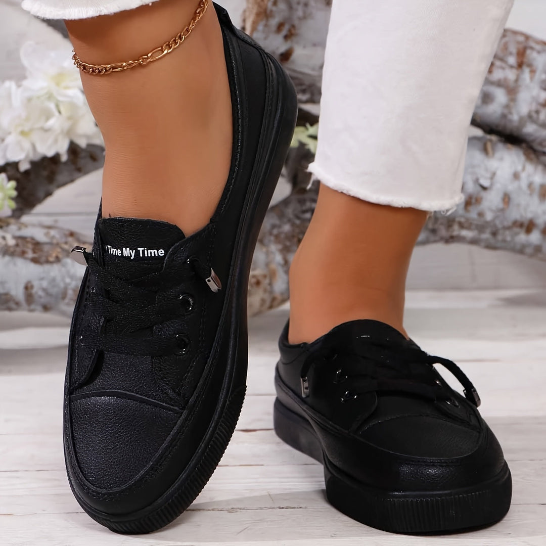 Black women's orthopedic walking shoes, lace-up design for daily comfort & foot support.