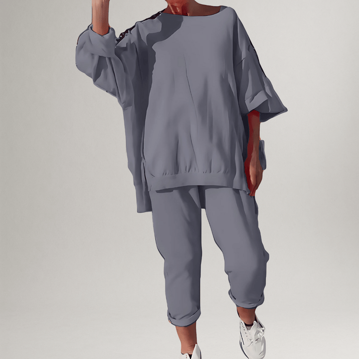Matching women's oversized lounge set featuring a relaxed fit blouse & comfortable trousers for everyday style.