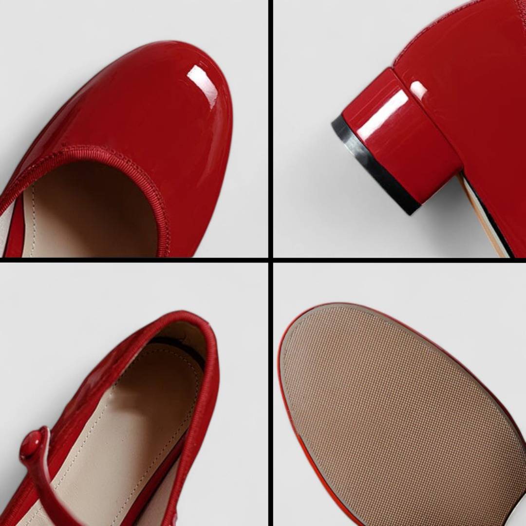 Comfortable patent Mary Jane block heels for women. Classic, elegant, with a rounded toe and buckled strap.
