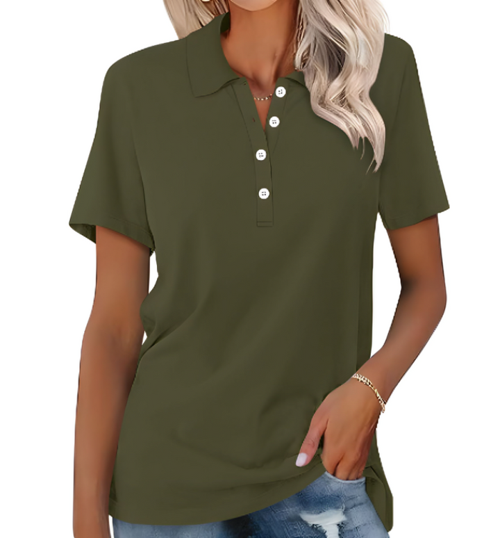 Stylish women's classic polo top, short sleeve. Button-down design for comfortable everyday casual style.