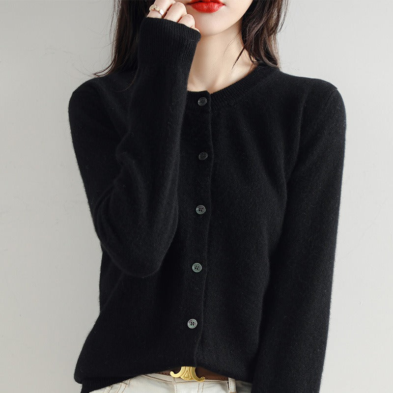 Women's classic round neck button-front cardigan sweater in a soft knit for everyday wear.