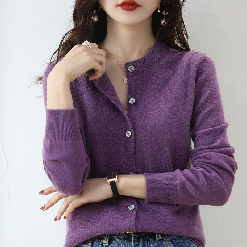 Stylish ladies' round neck cardigan sweater, ideal for casual or dressed-up everyday outfits.