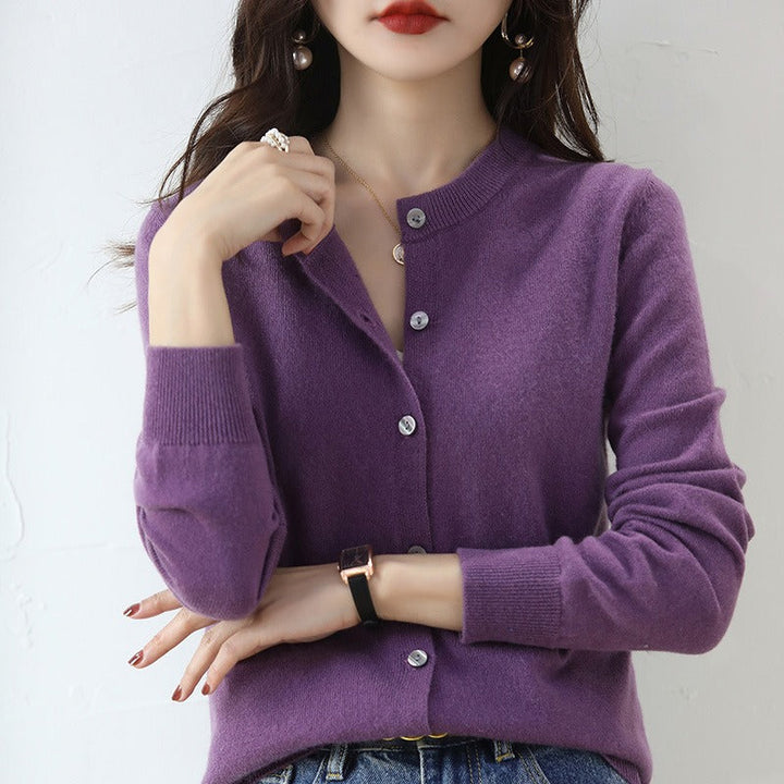 Stylish ladies' round neck cardigan sweater, ideal for casual or dressed-up everyday outfits.