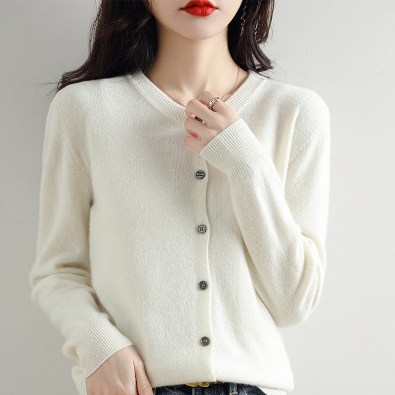 Elegant women's classic sweater, a round neck button cardigan for versatile styling options.