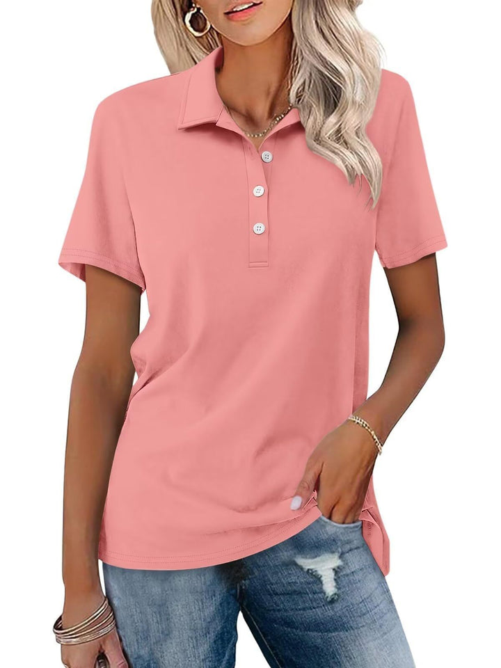 Women's everyday top, a comfortable short sleeve polo in classic style.