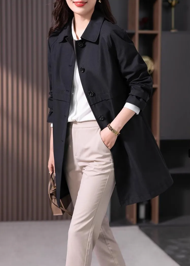 Women's classic single button short black trench coat, perfect lightweight outerwear for spring & autumn.