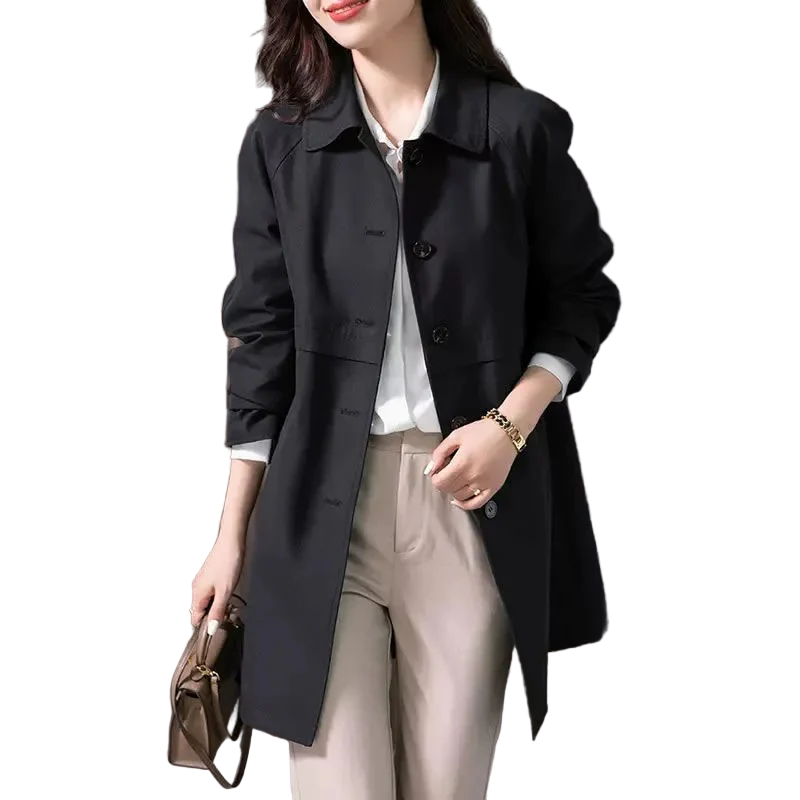Chic women's short trench coat with a single button, versatile and elegant transitional jacket for any outfit.