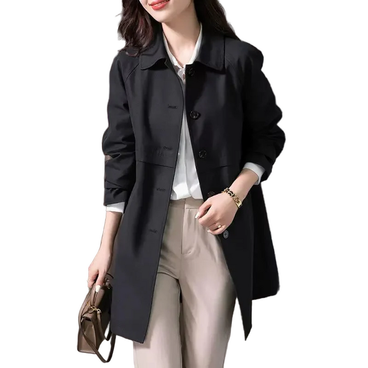 Chic women's short trench coat with a single button, versatile and elegant transitional jacket for any outfit.