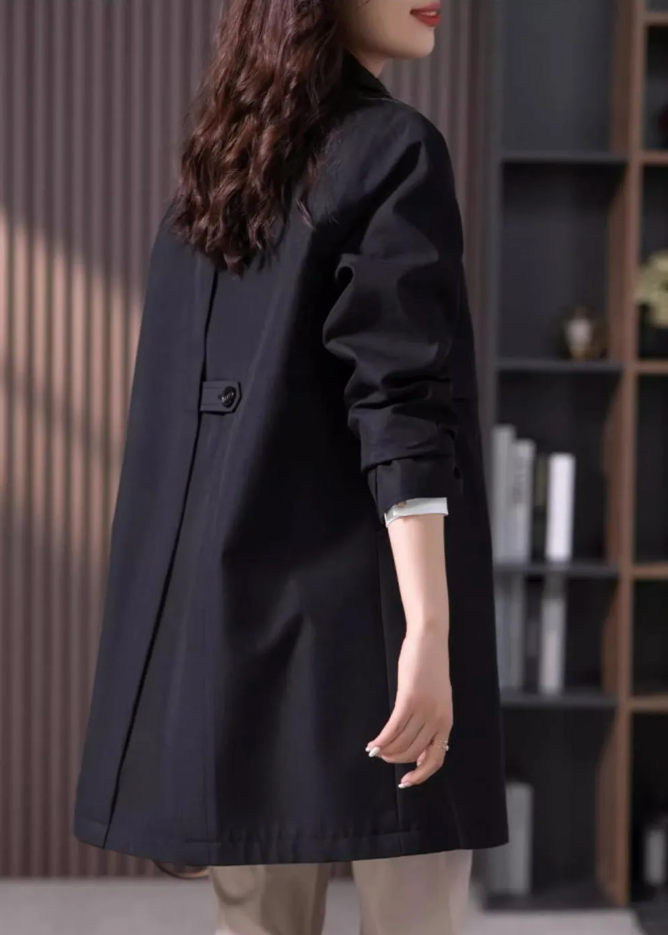 Stylish women's black single button short trench coat, an essential classic spring & autumn outerwear piece.