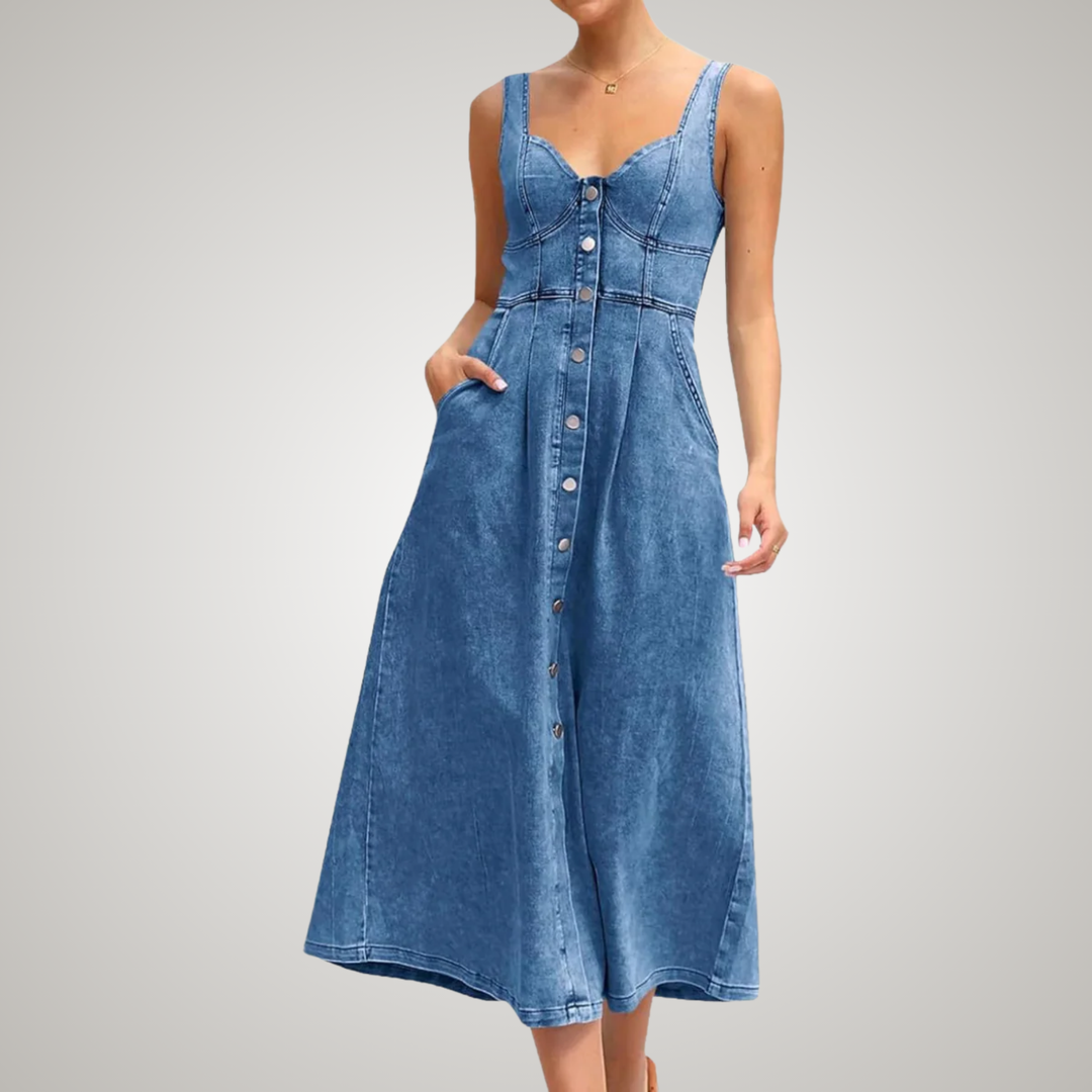 Classic women's button-front midi dress, sleeveless for comfort. Great everyday wear, spring & summer.