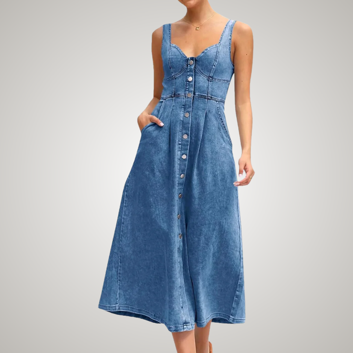 Classic women's button-front midi dress, sleeveless for comfort. Great everyday wear, spring & summer.
