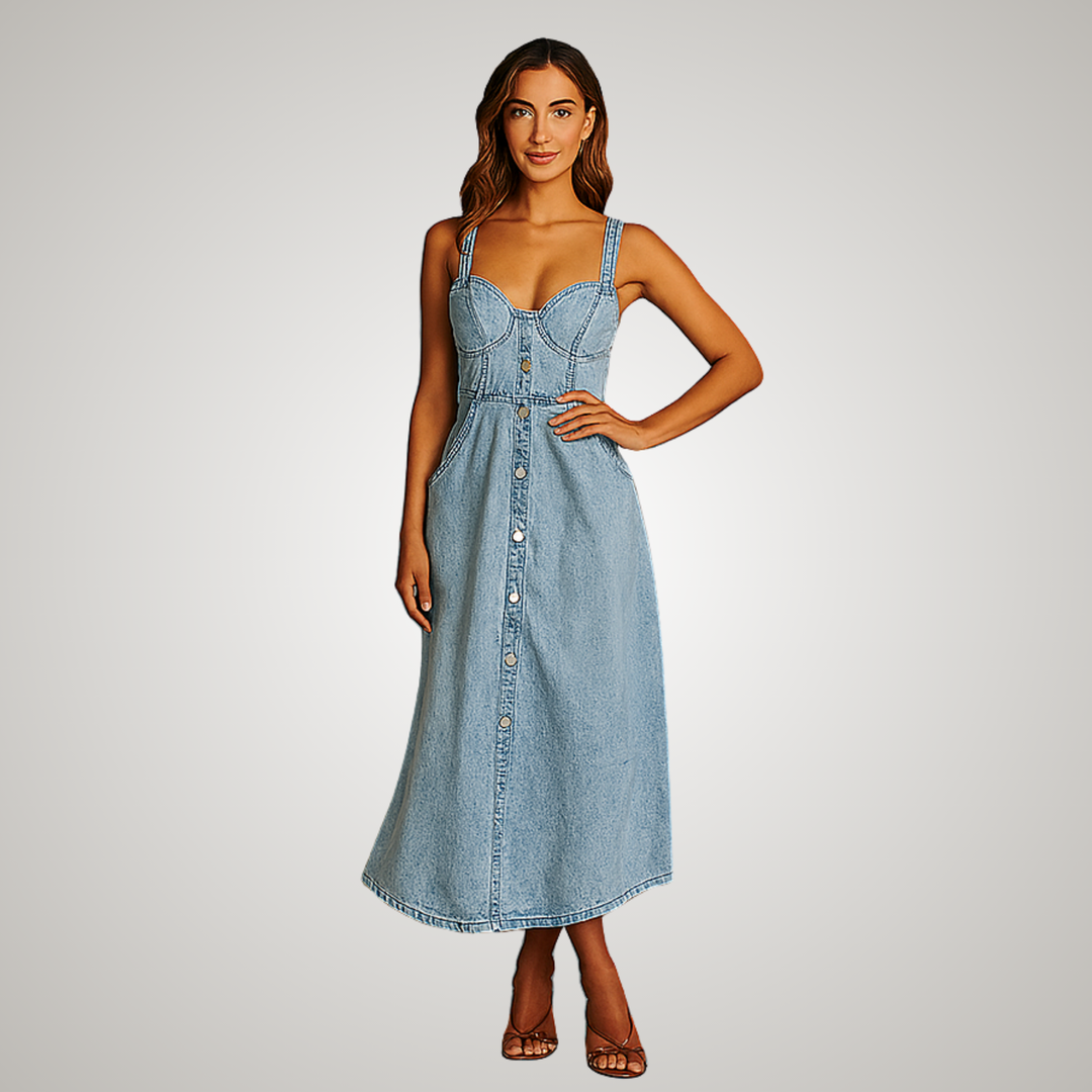 Feminine sleeveless midi dress for women, elegant button-front. Flattering casual summer style.