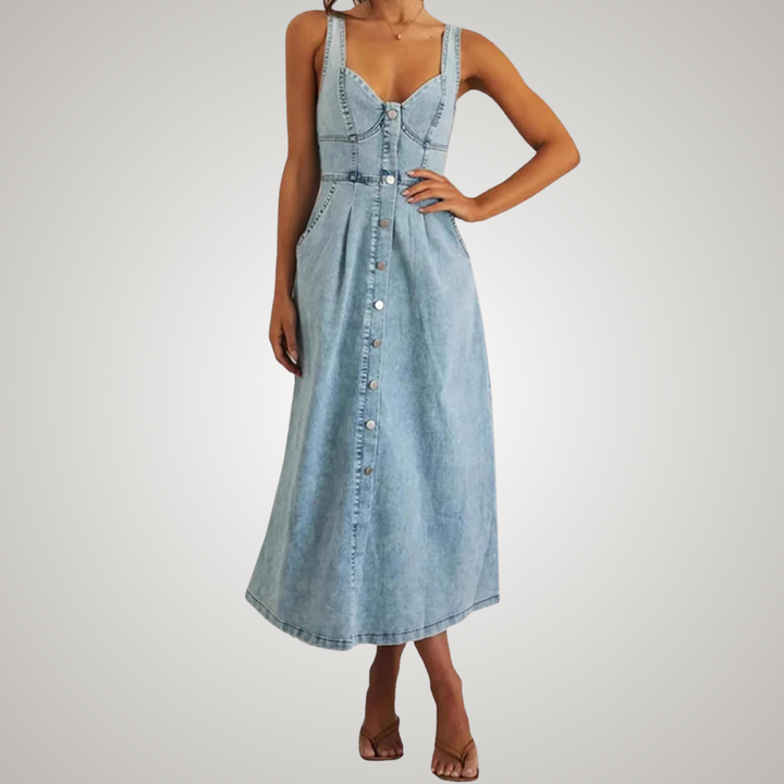 Effortless women's sleeveless button-front midi dress. Versatile classic style for spring and summer.