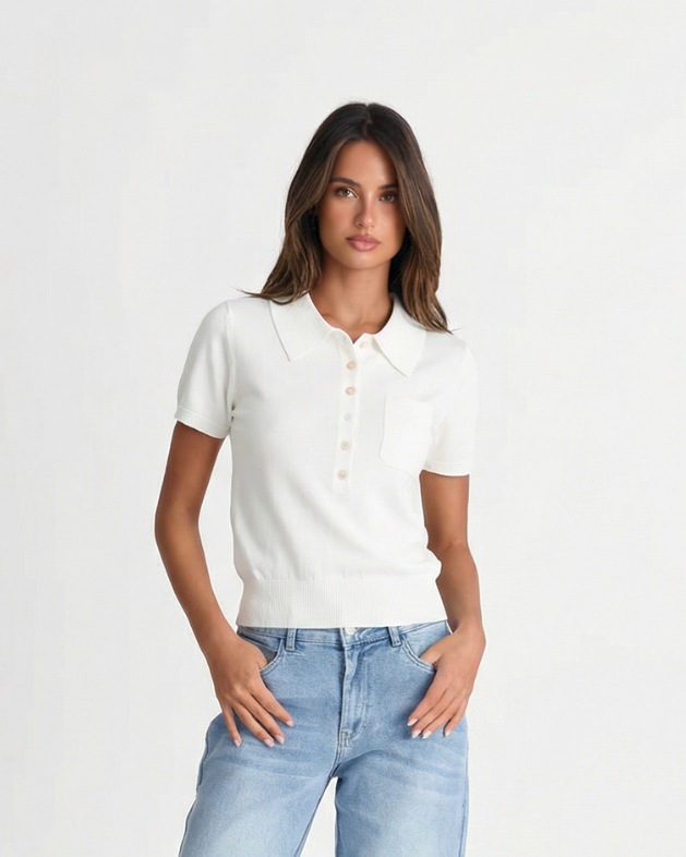 Women's classic slim fit polo shirt with short sleeves & button placket. Ideal for casual chic summer wear.