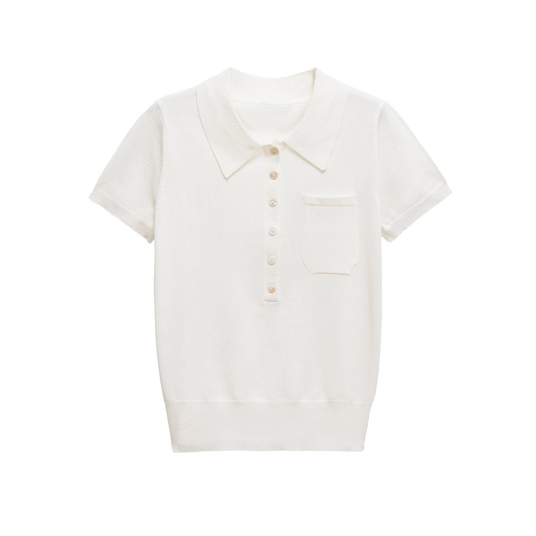 Close-up of a women's classic button polo top, showcasing the fabric texture and slim fit design.