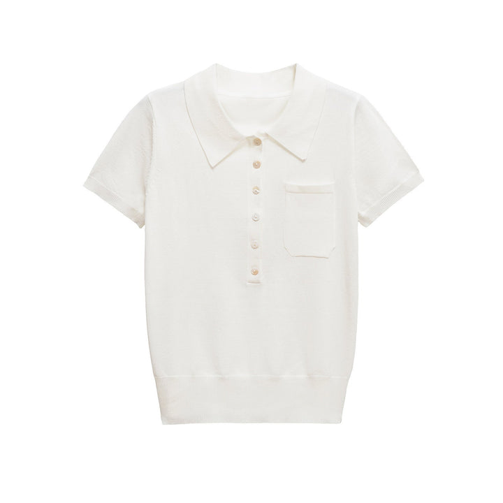 Close-up of a women's classic button polo top, showcasing the fabric texture and slim fit design.