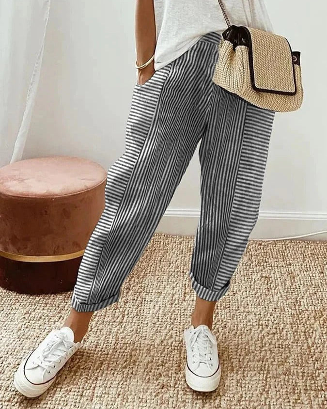Women's classic striped trousers, comfortable and versatile for everyday casual wear.