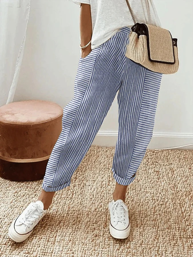 Relaxed fit women's striped pants, perfect bottoms for comfortable, chic casual fashion.