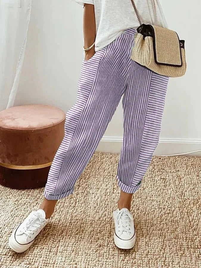 Women's fashion striped trousers, comfortable relaxed fit bottoms for versatile casual wear.
