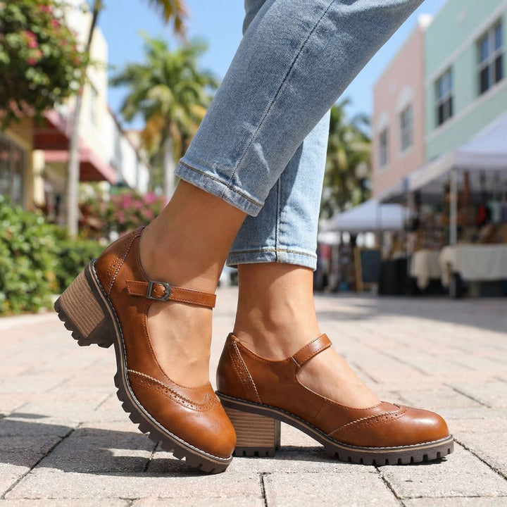 Elegant vintage-style T-strap closed-toe block heels for women, ideal for work, parties, & events.