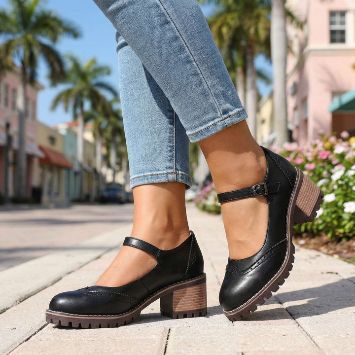 Classic women's T-strap closed-toe block heels, versatile for office, events, and elegant outings.