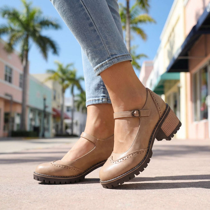 Vintage-inspired comfortable T-strap closed-toe block heels for women, perfect for stylish all-day wear.
