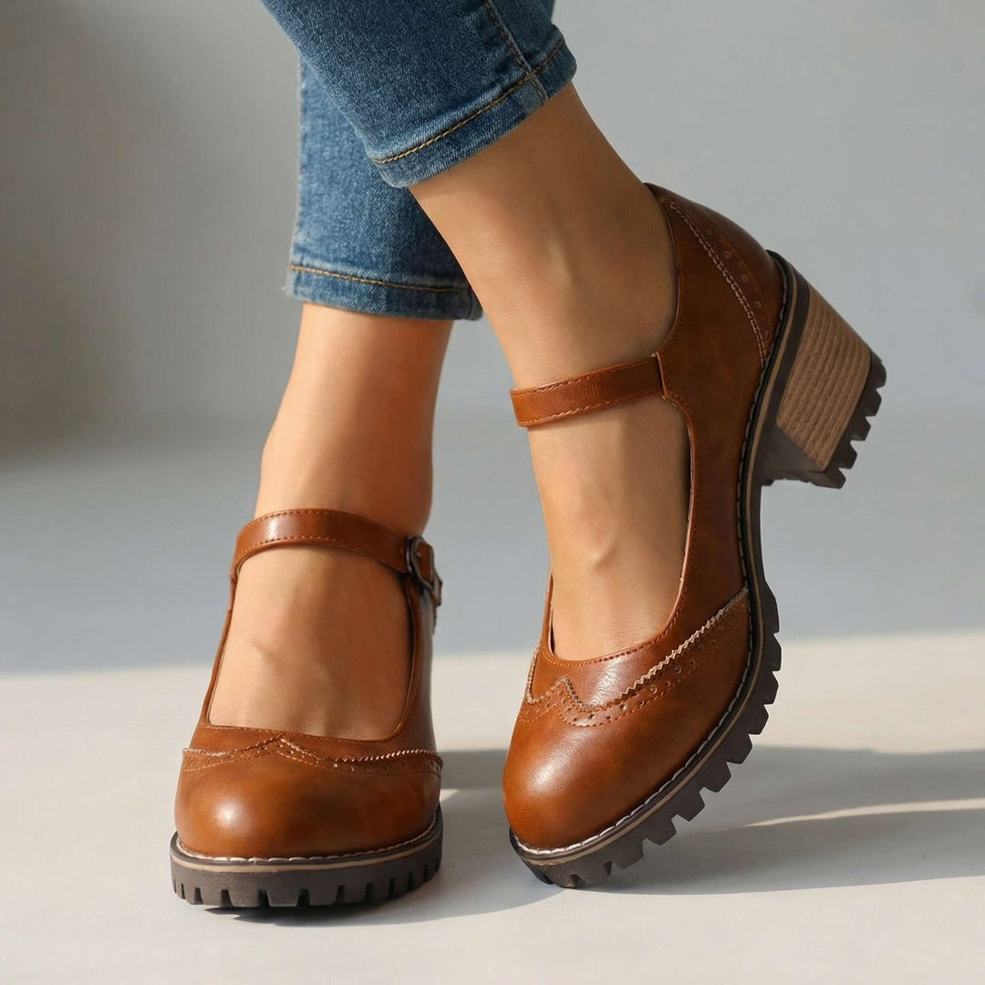 Stylish women's T-strap closed-toe block heels, offering classic elegance and comfortable support for any event.